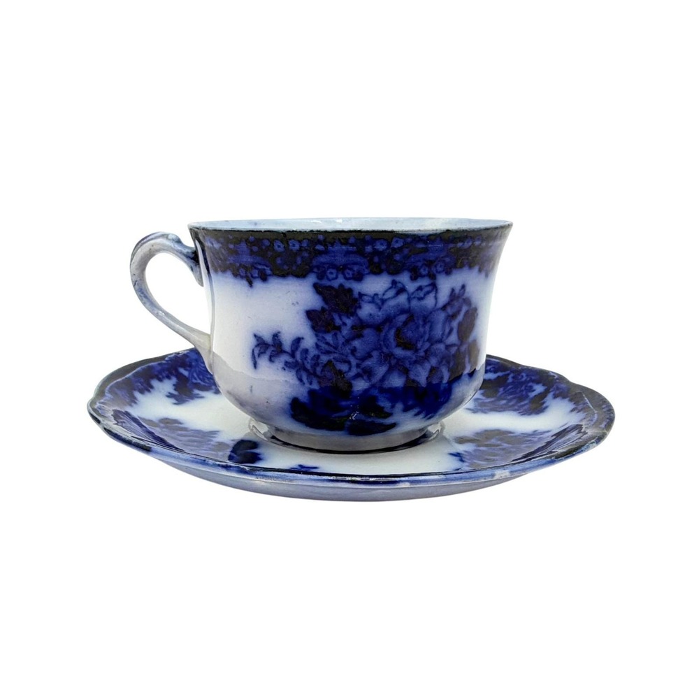 Swan Bank New Wharf Pottery Flow Blue 2.25" Cup and 2 Saucers 6" England Antique